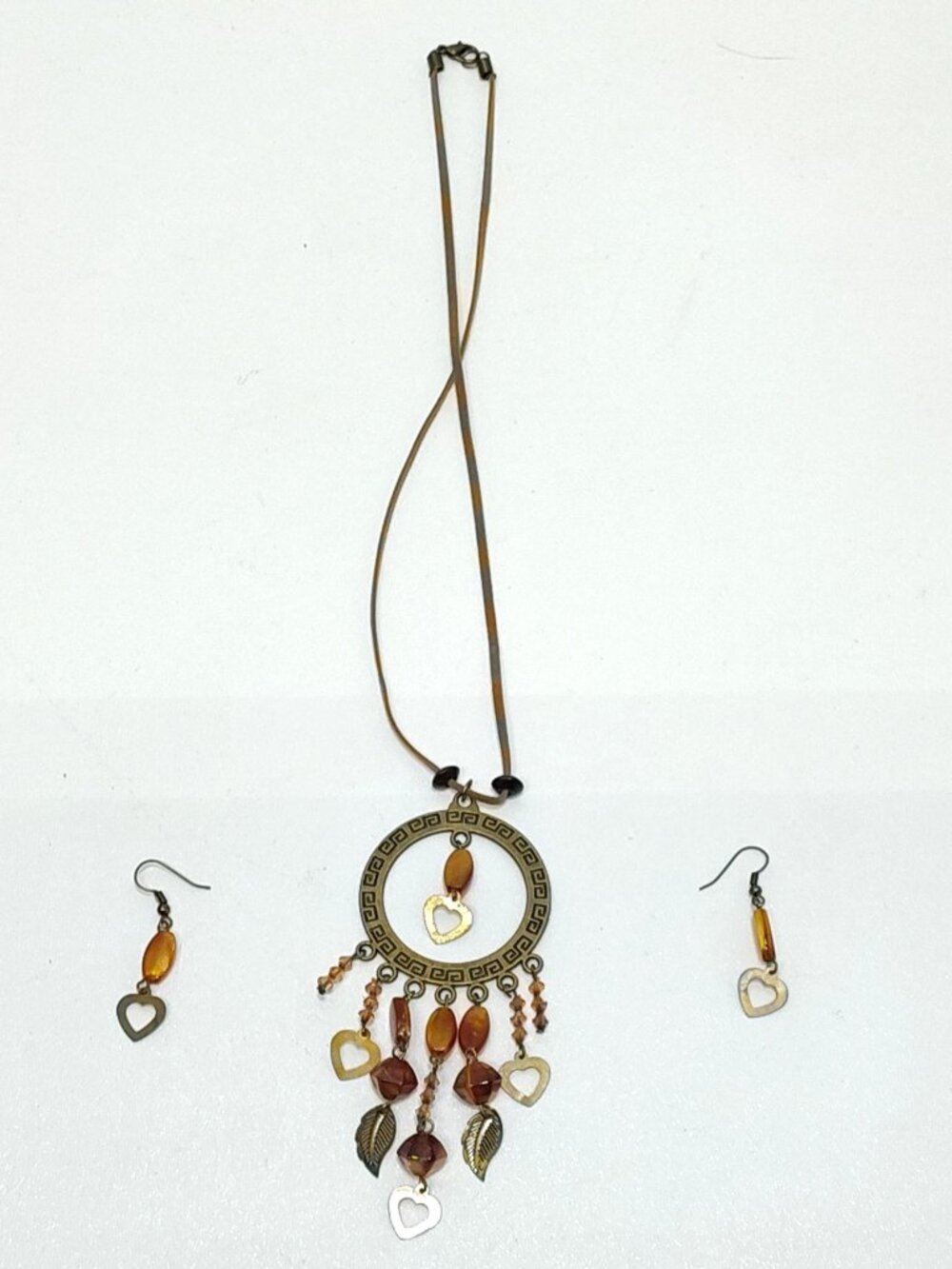 Bohemian Ethnic Style Necklace & Earrings Heart Charm Leaf Accents Antique-Brass